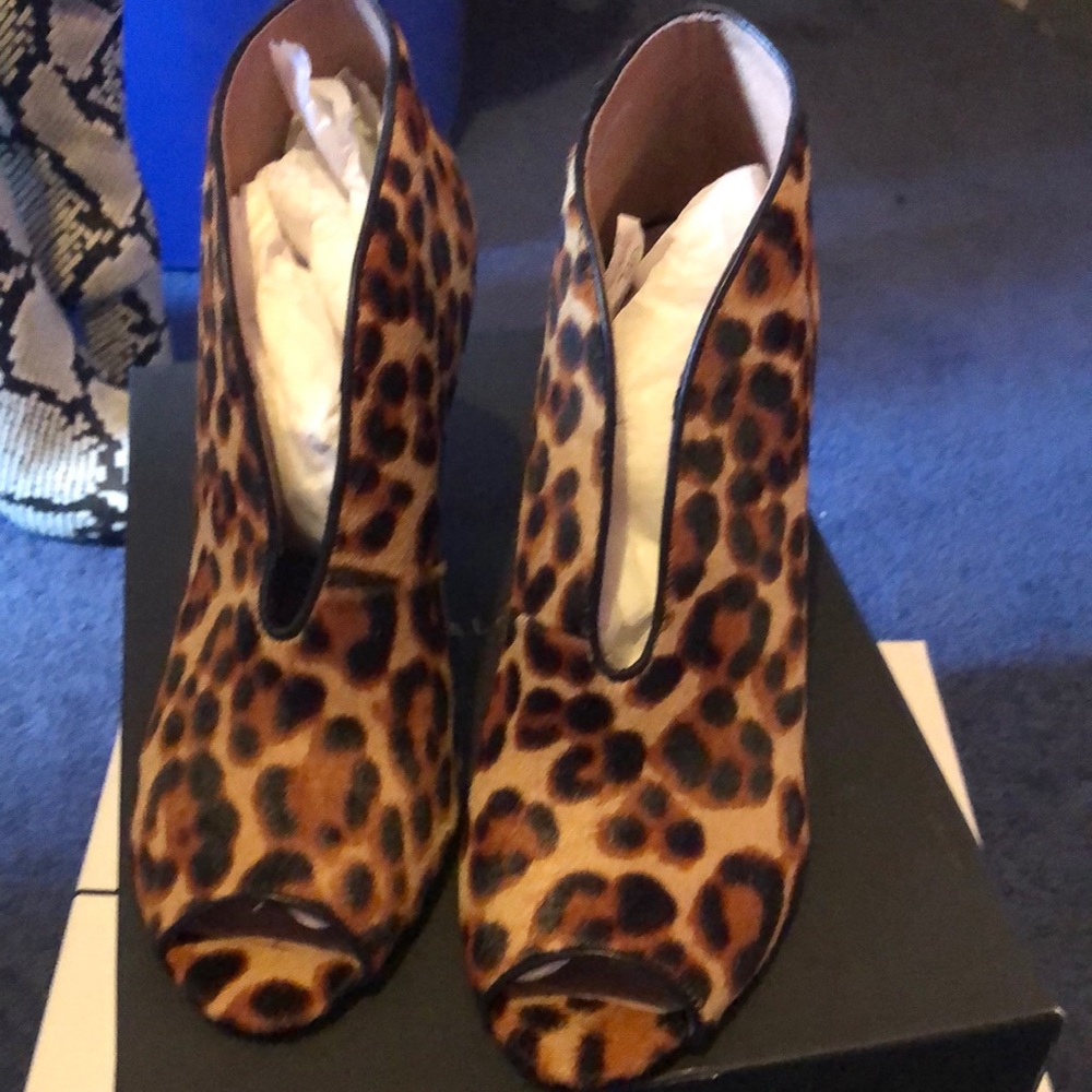 Leopard hair clad open toe booties